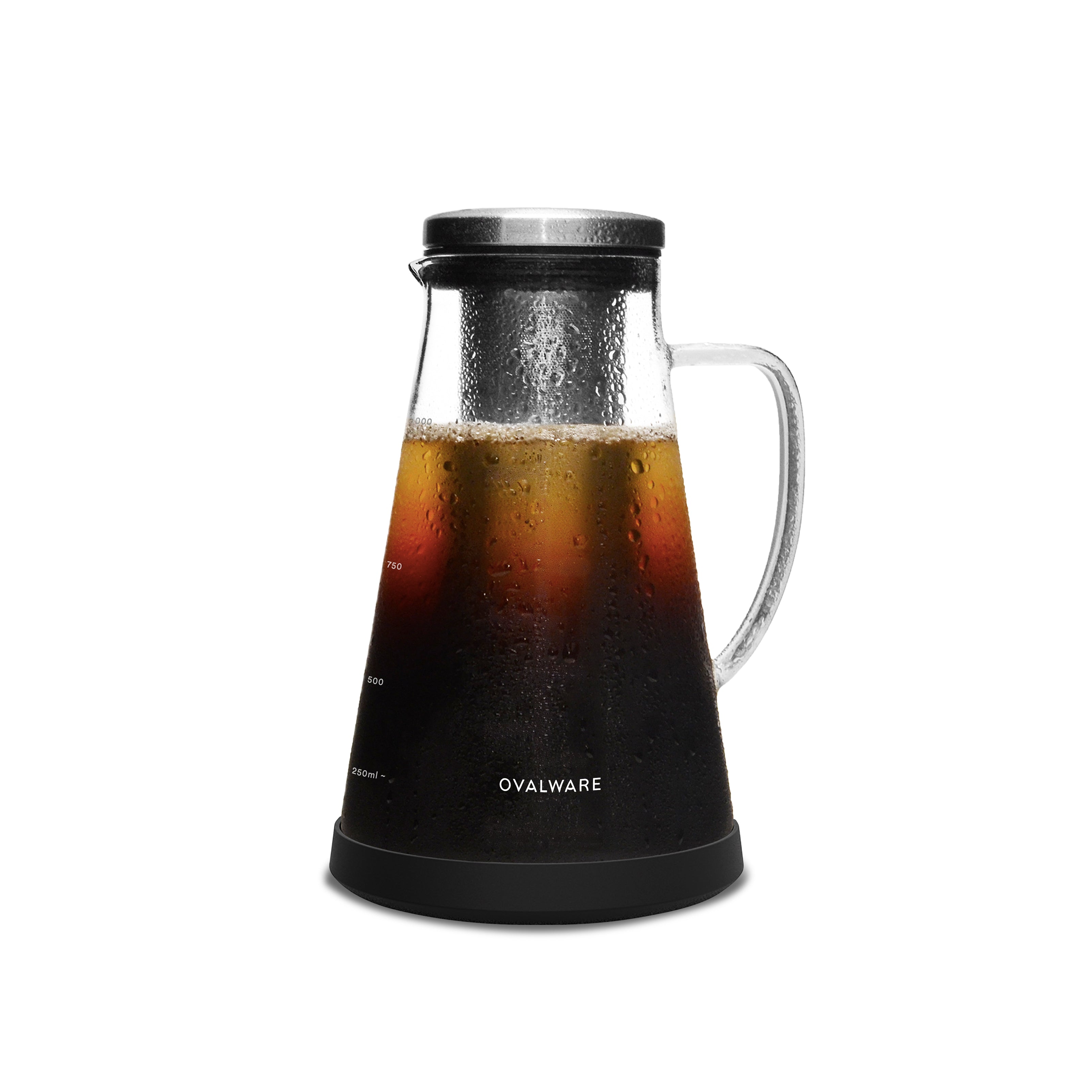 Glass carafe with black base and lid filled with iced coffee, brand 'Ovalware' visible.
